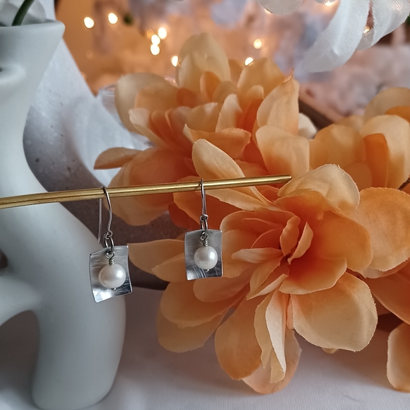 Geometric Earrings with Dangling Pearl - Picture 3 of 14